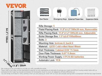 Gun Safe for 3 - 8 Firearms w/ Digital Keypad & Key Lock; Removable Storage Shelf for Long Guns and Pistols
