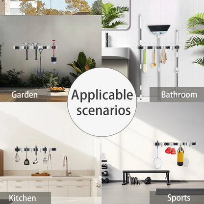 4-Hook Adhesive Wall-Mounted Broom Mop Organizer, Stainless Steel