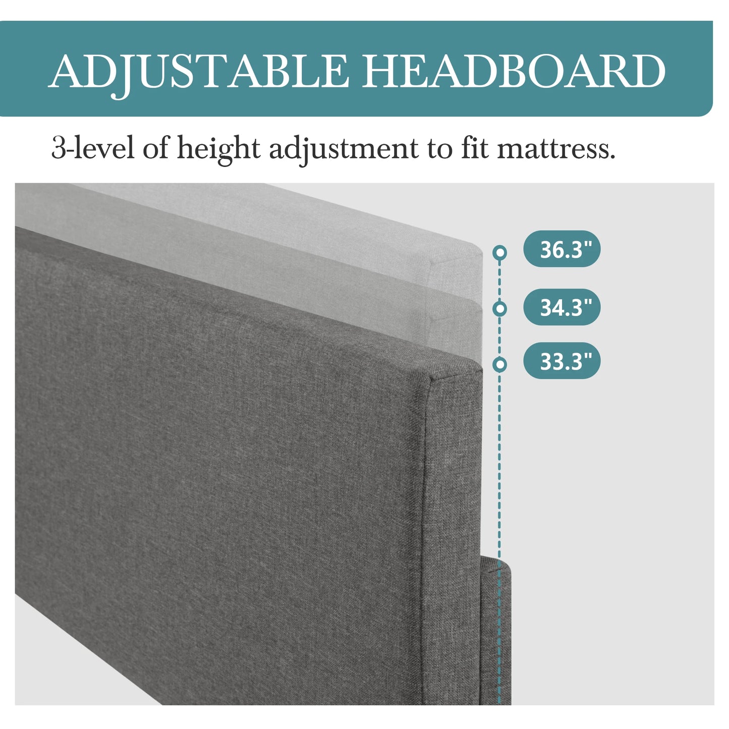 Full/Queen/King Upholstered Bed Frame with Adjustable Linen Headboard, Sturdy Wood Slats & Quiet Support