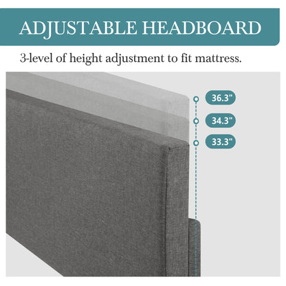 Full/Queen/King Upholstered Bed Frame with Adjustable Linen Headboard, Sturdy Wood Slats & Quiet Support