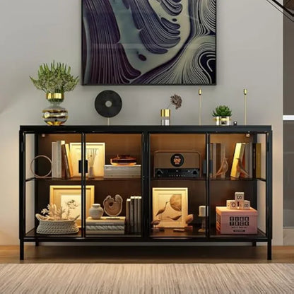 Modern Display Cabinet with Glass Shelves, 4 Compartments
