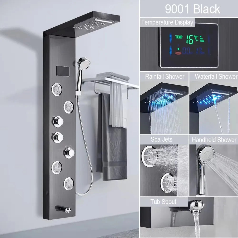LED Shower Panel with Rainfall/Waterfall and Body Spray Heads