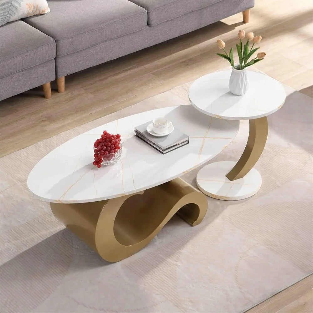 2 Piece Living Room Set, Faux Marble Tabletop, Oval Coffee and End Table Set