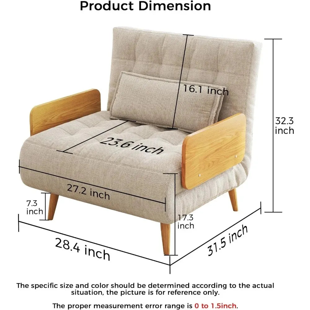 Linen 3-in-1 Convertible Chair Sleeper for Adults Foldable Single Futon with Wooden Arms And Pillows - Comfortabl，Customized