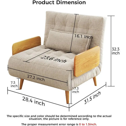 Linen 3-in-1 Convertible Chair Sleeper for Adults Foldable Single Futon with Wooden Arms And Pillows - Comfortabl，Customized