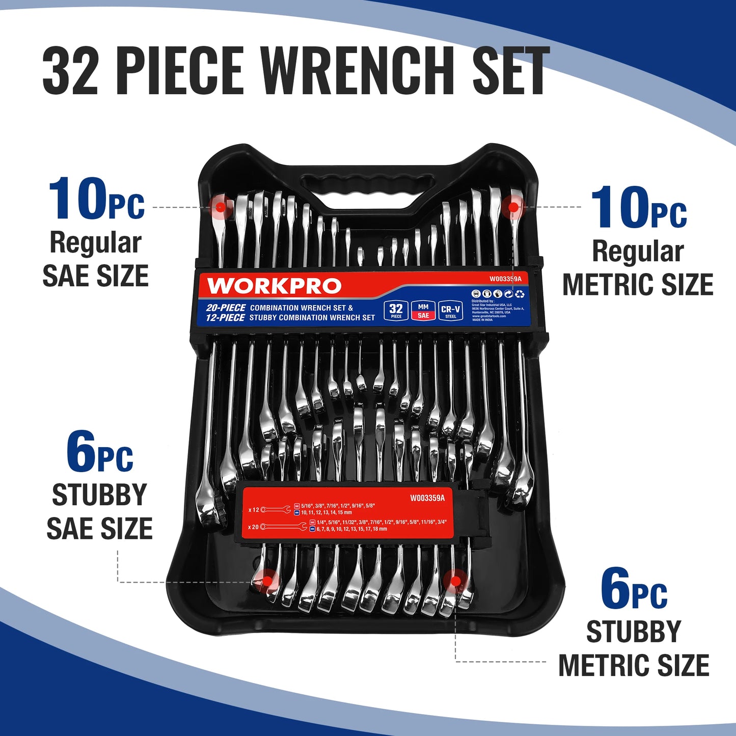 32-Piece SAE & Metric Combination Wrenches Set with Organizer