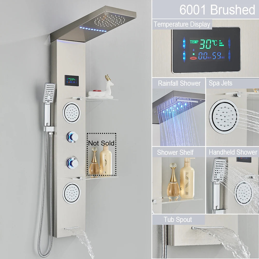 LED Shower Panel with Rainfall/Waterfall and Body Spray Heads