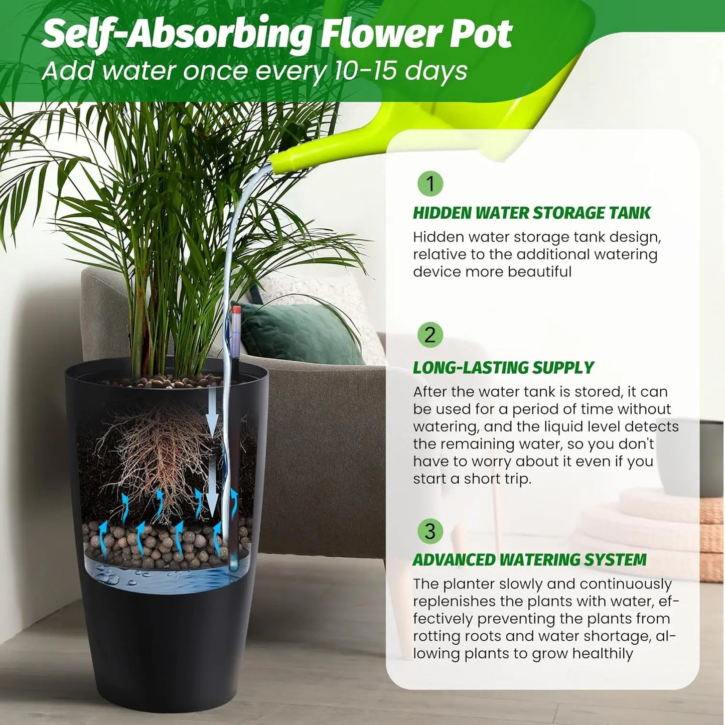 16" or 22" Tall Self Watering Plant Pot Set with Built-In Drainage