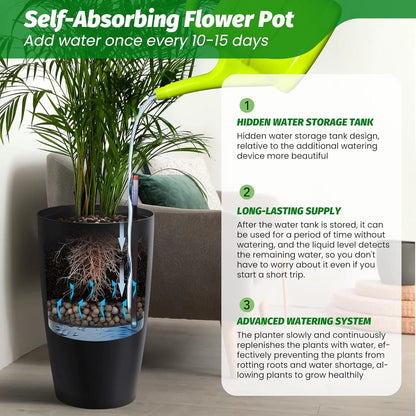16" or 22" Tall Self Watering Plant Pot Set with Built-In Drainage
