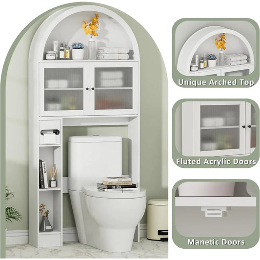 31''W Arched Over The Toilet Storage Cabinet,  Space-Saving Bathroom Organizer with Adjustable Shelf and Acrylic Doors