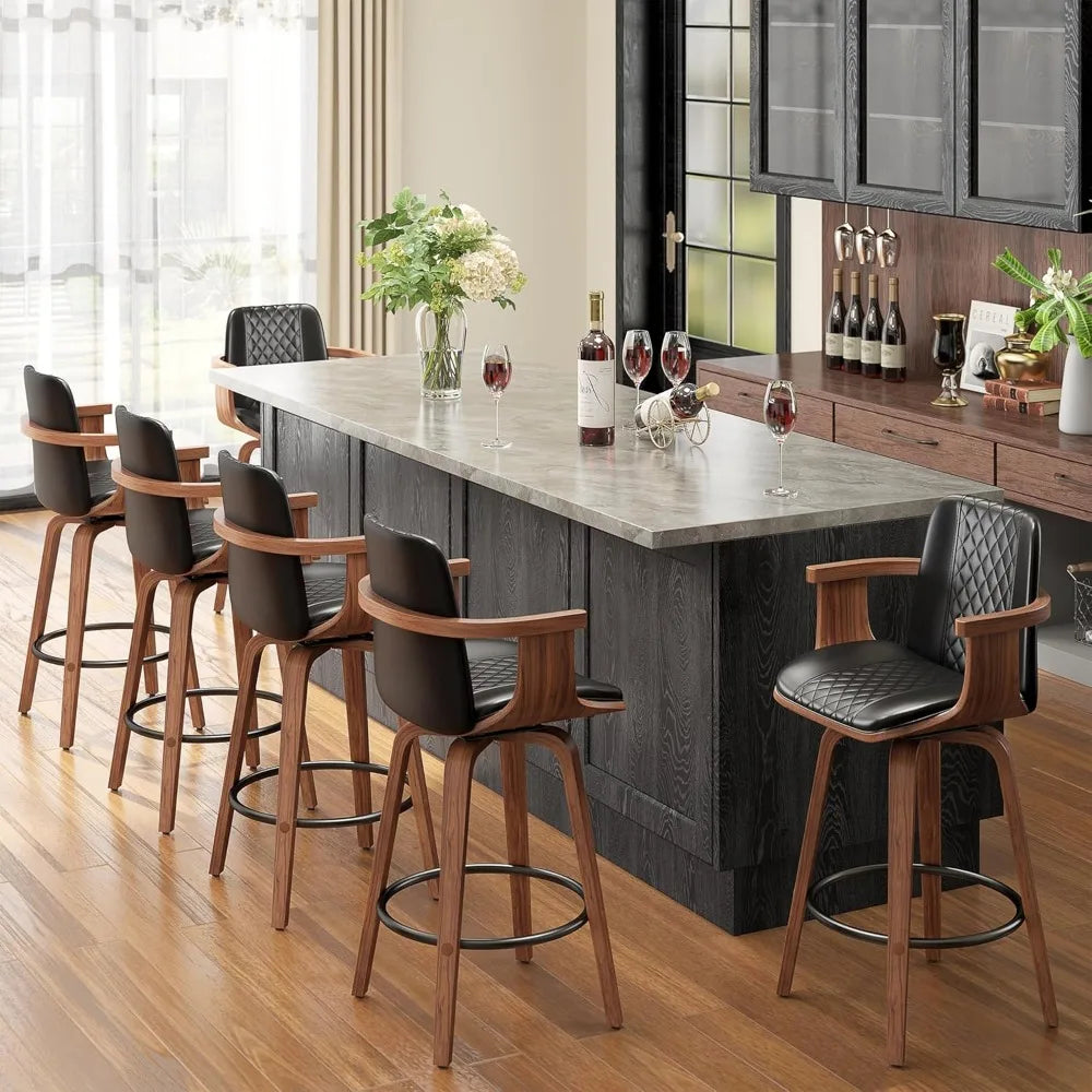 Set of 2, 26 Inch Counter Height Swivel Upholstered PU Leather Bar Stools with Arms