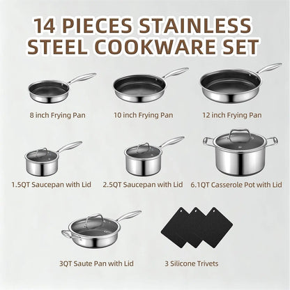 14-Piece Stainless Steel Cookware Set with Non-Stick Coating, Induction Compatible & Oven Safe