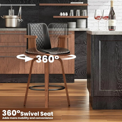Set of 2, 26 Inch Counter Height Swivel Upholstered PU Leather Bar Stools with Arms