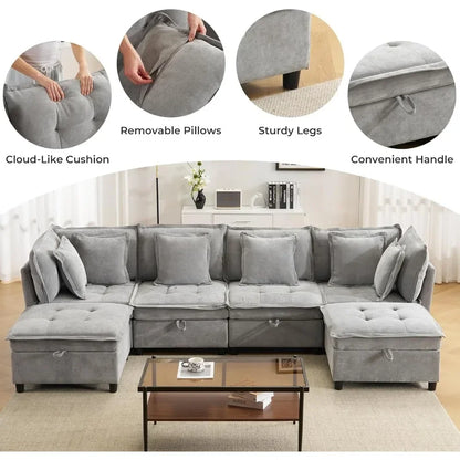 Modern Modular Sectional Cloud Sofa with 2 Ottoman with Customized Storage - Color Options