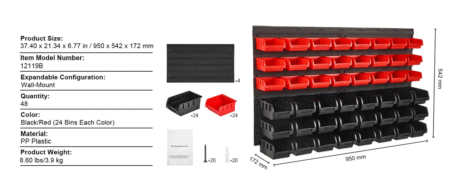 Wall Mounted Storage Solution, 30/48 Bin Parts Rack with Wall Panels