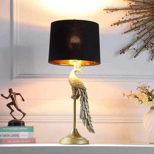 29" Modern Elegance Table Lamp, Golden Peacock On A Pedestal