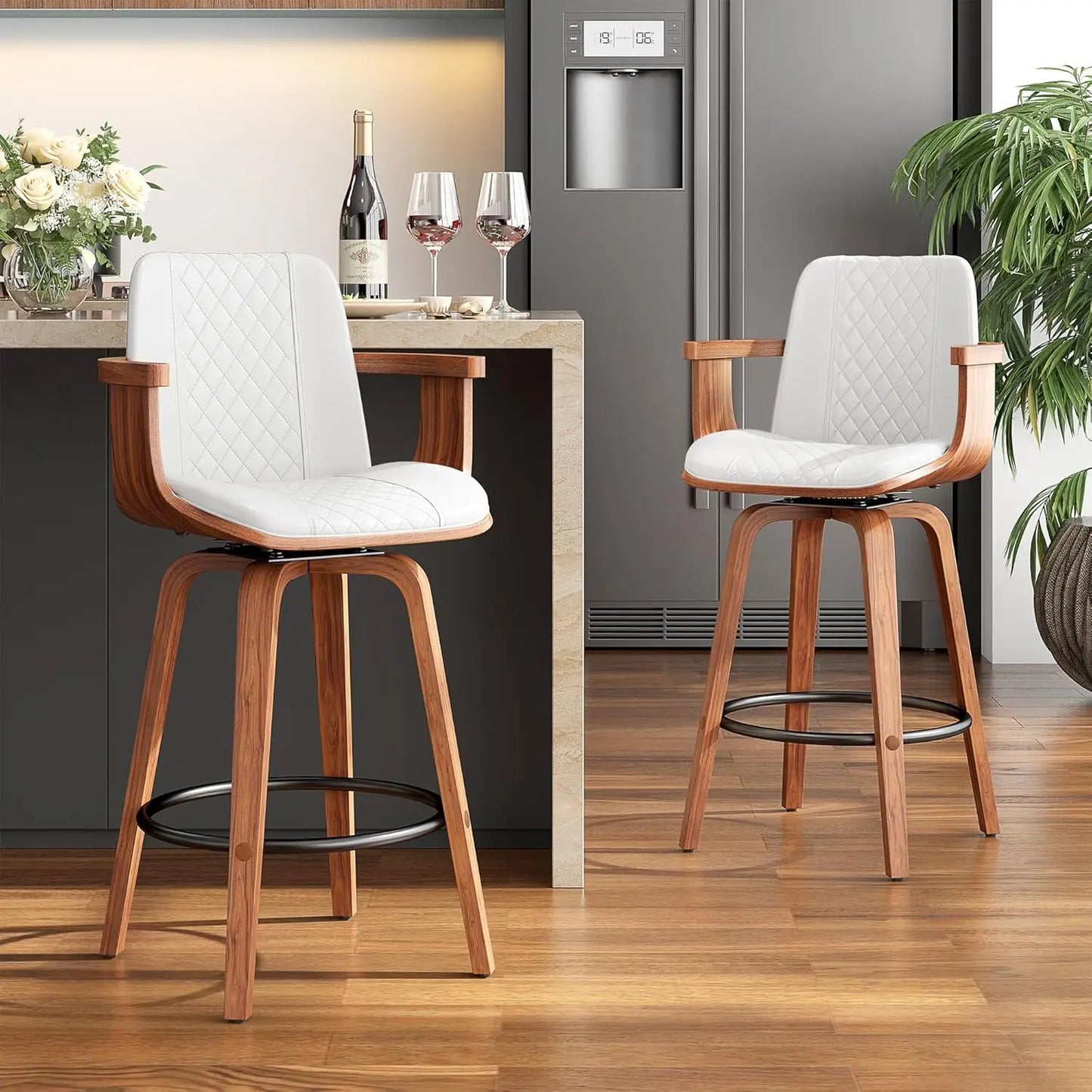 Set of 2, 26 Inch Counter Height Swivel Upholstered PU Leather Bar Stools with Arms