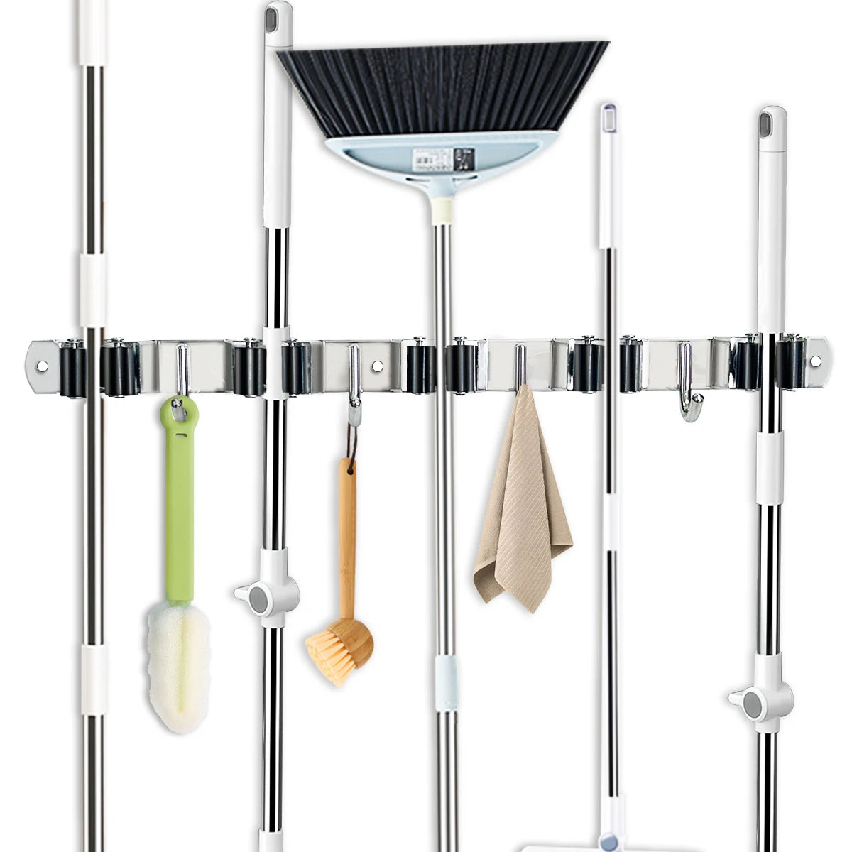 4-Hook Adhesive Wall-Mounted Broom Mop Organizer, Stainless Steel