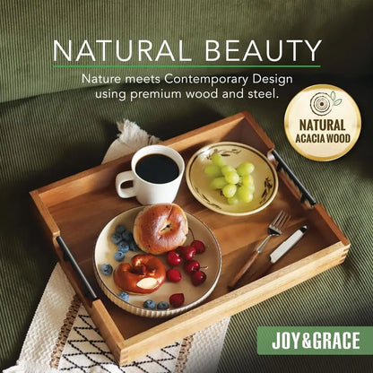 Acacia Wooden Serving Tray with Metal Handles