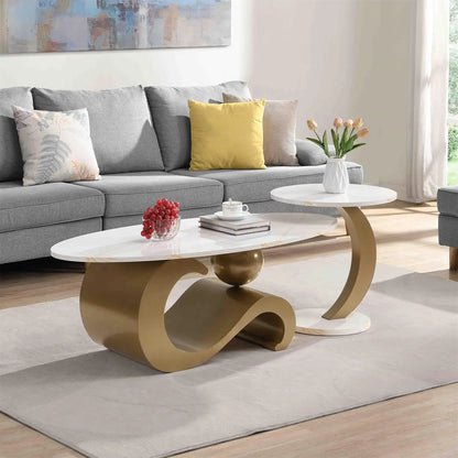 2 Piece Living Room Set, Faux Marble Tabletop, Oval Coffee and End Table Set