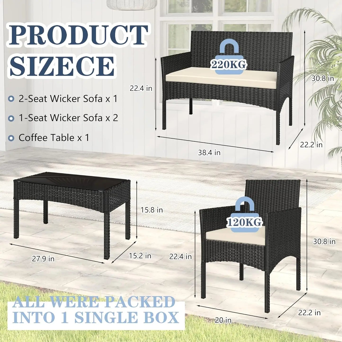 4 Piece Rattan Patio Conversation Set with Waterproof Cushions and Table