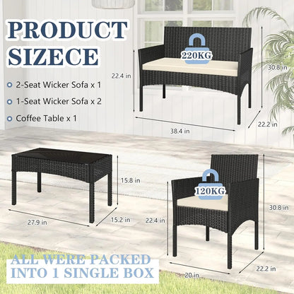 4 Piece Rattan Patio Conversation Set with Waterproof Cushions and Table