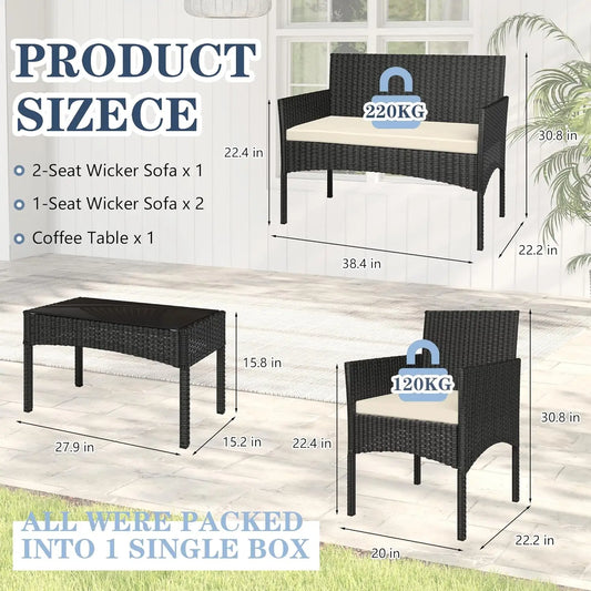 4 Piece Rattan Patio Conversation Set with Waterproof Cushions and Table