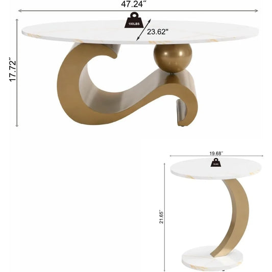 2 Piece Living Room Set, Faux Marble Tabletop, Oval Coffee and End Table Set