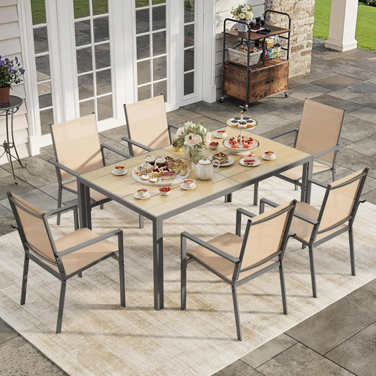 Patio Dining Set 7 Piece Outdoor Furniture with Large Table and 6 Stackable Chairs