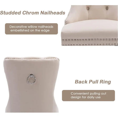 Velvet Tufted Dining Chairs with Solid Wood Legs, Nail Head Trim and Back Ring Pull, Set of 4