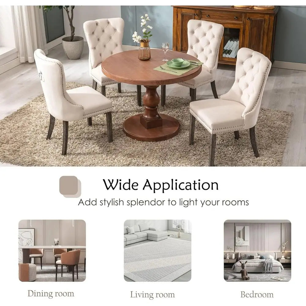 Velvet Tufted Dining Chairs with Solid Wood Legs, Nail Head Trim and Back Ring Pull, Set of 4