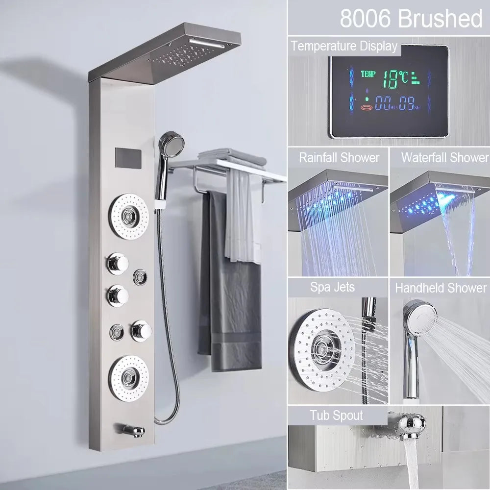 LED Shower Panel with Rainfall/Waterfall and Body Spray Heads