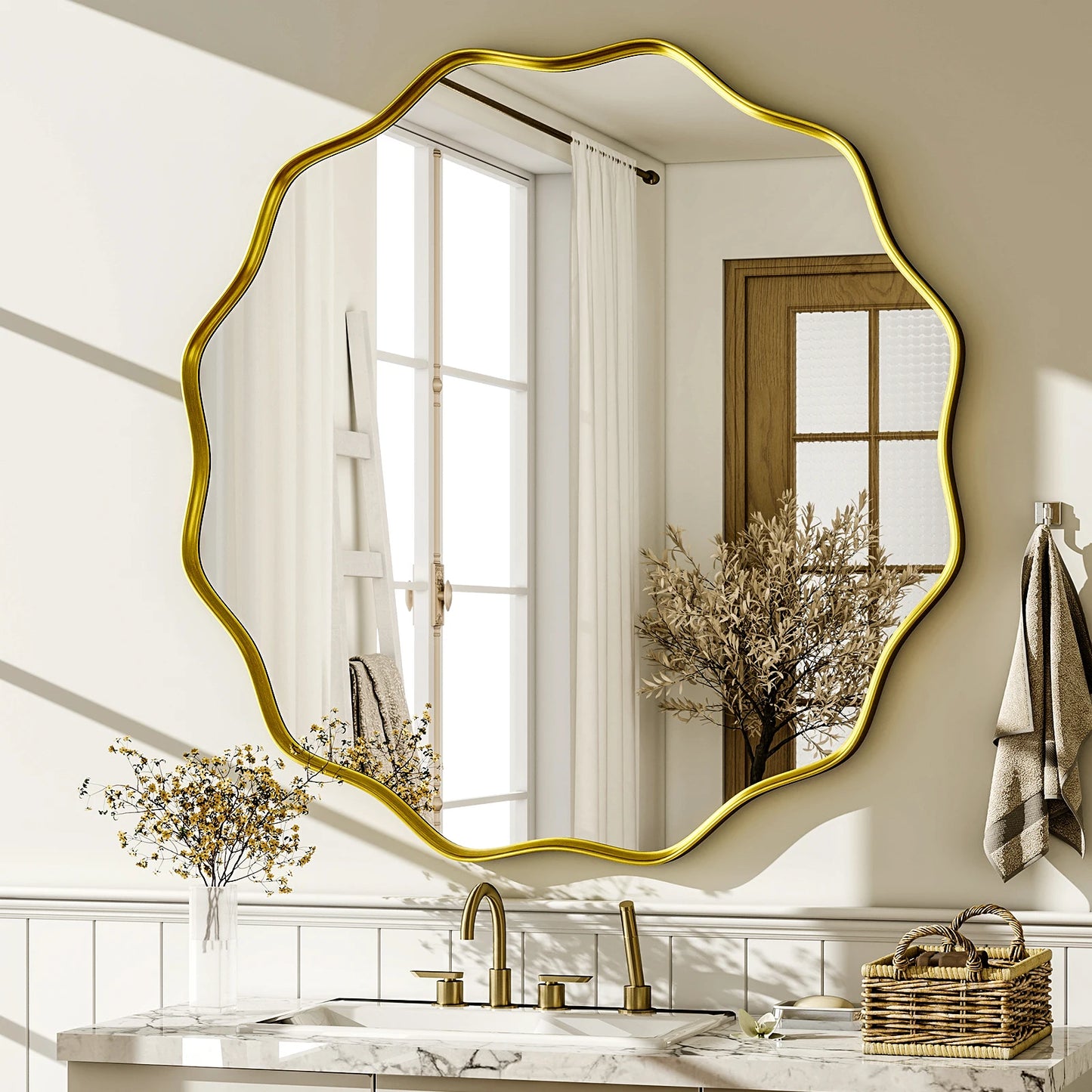 Wavy Round Decorative Wall Mirror with Deep Frame
