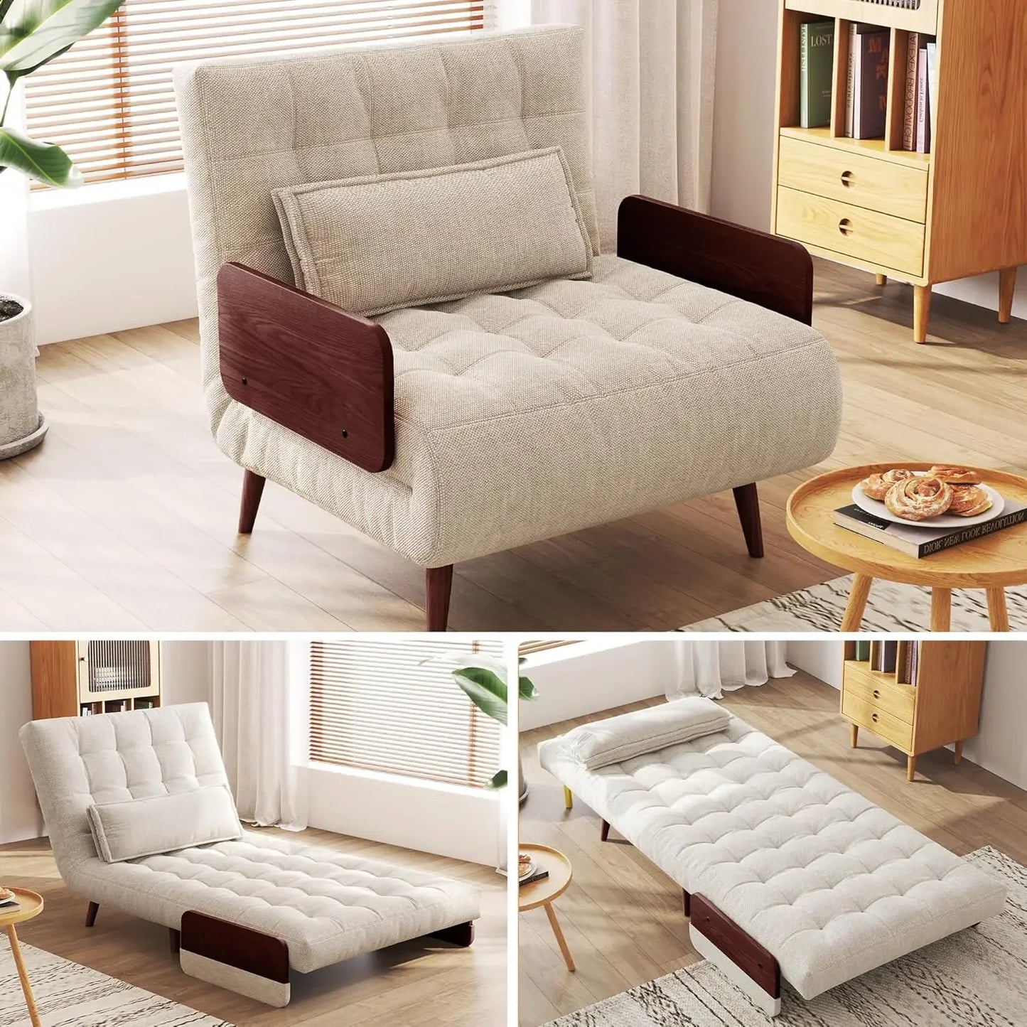 Linen 3-in-1 Convertible Chair Sleeper for Adults Foldable Single Futon with Wooden Arms And Pillows - Comfortabl，Customized