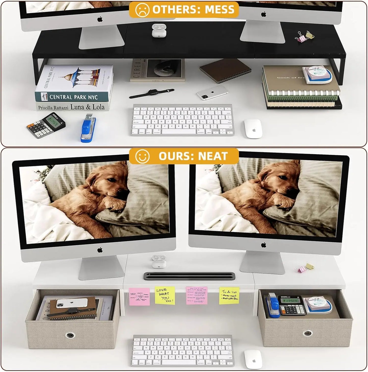Home Office Dual Monitor Stand with 2 Drawers