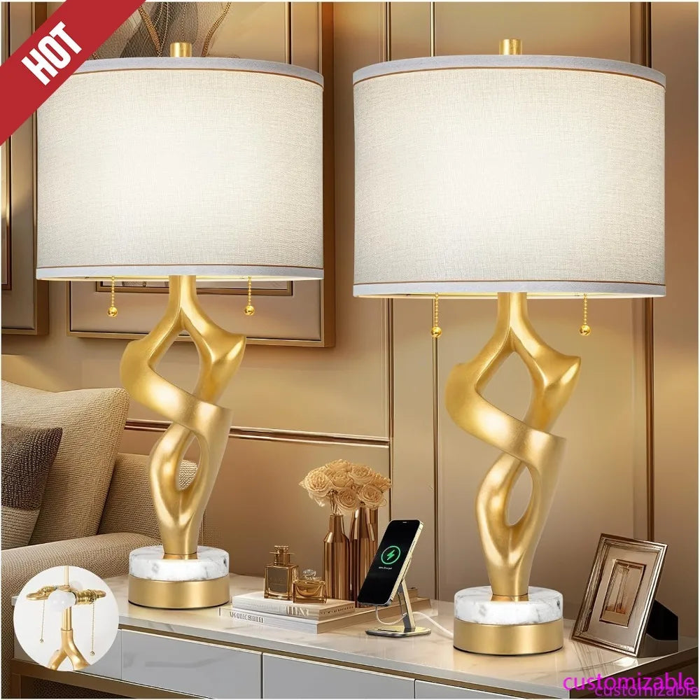 Set Of 2  Sculptural Table Lamps With Marble Base & USB Ports